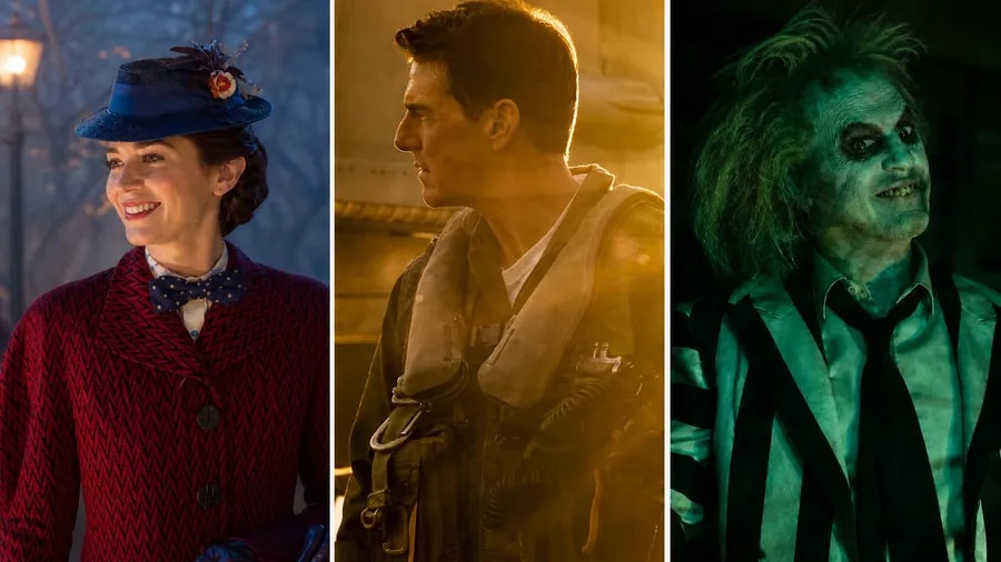 Emily Blunt ve filmu Mary Poppins se vrací, Tom Cruise ve filmu Top Gun: Maverick a Michael Keaton ve filmu Beetlejuice Beetlejuice