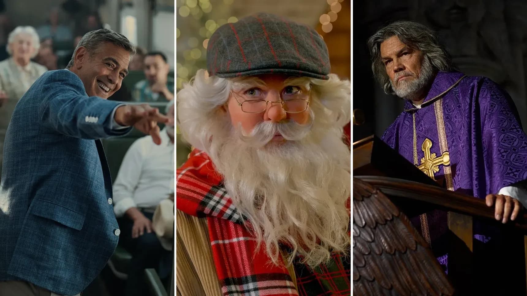 Záběry z filmů Jay Kelly, Moje tajná santa a Na nože: Probuzení mrtvého muže