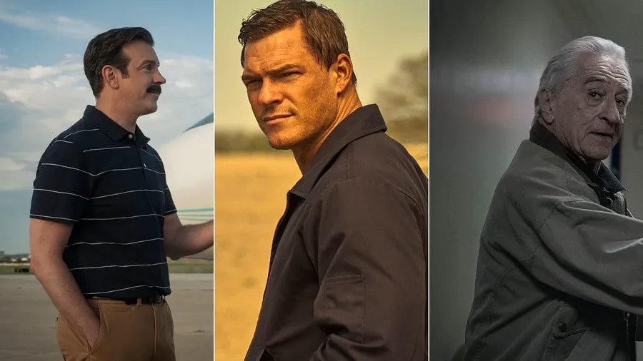 Jason Sudeikis jako Ted Lasso, Alan Ritchson jako Jack Reacher a Robert De Niro ve filmu Našeptávač